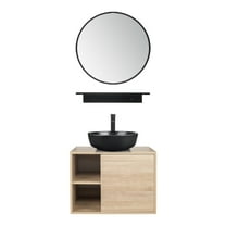 FULLWATT Wall Mounted Bathroom Vanity Set with Mirror Storage Shelf, PVC Sheet Natural Cabinet with Black Side Panels (Cabinet   Sink)