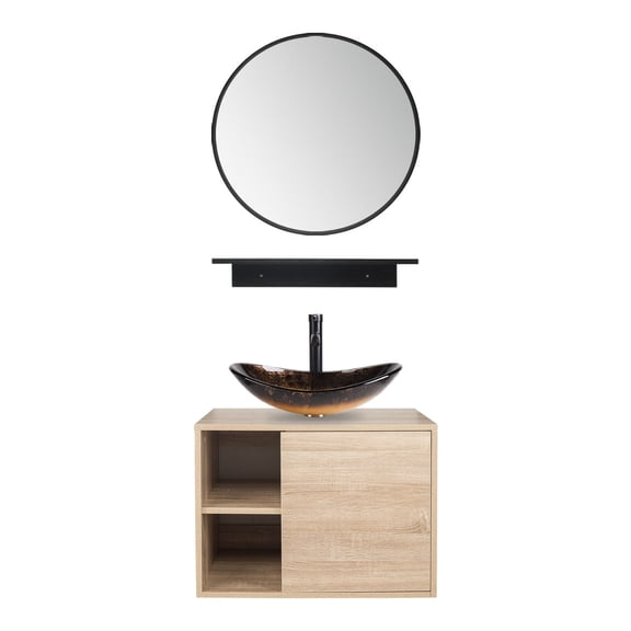 FULLWATT Wall Mounted Bathroom Vanity Set with Mirror Storage Shelf, PVC Sheet Natural Cabinet with Black Side Panels (Cabinet + Sink)