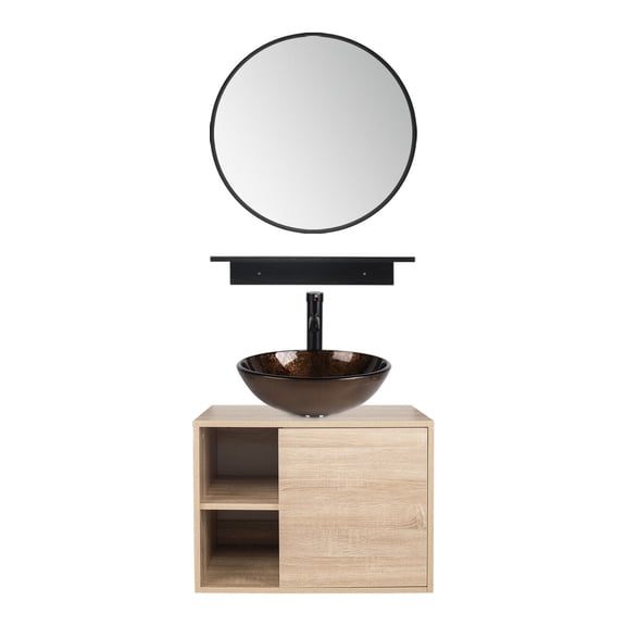 FULLWATT Wall Mounted Bathroom Vanity Set with Mirror Storage Shelf, PVC Sheet Natural Cabinet with Black Side Panels (Cabinet + Sink)