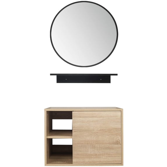 FULLWATT Wall Mounted Bathroom Vanity, Side Shelves with Round Mirror, Natural Color