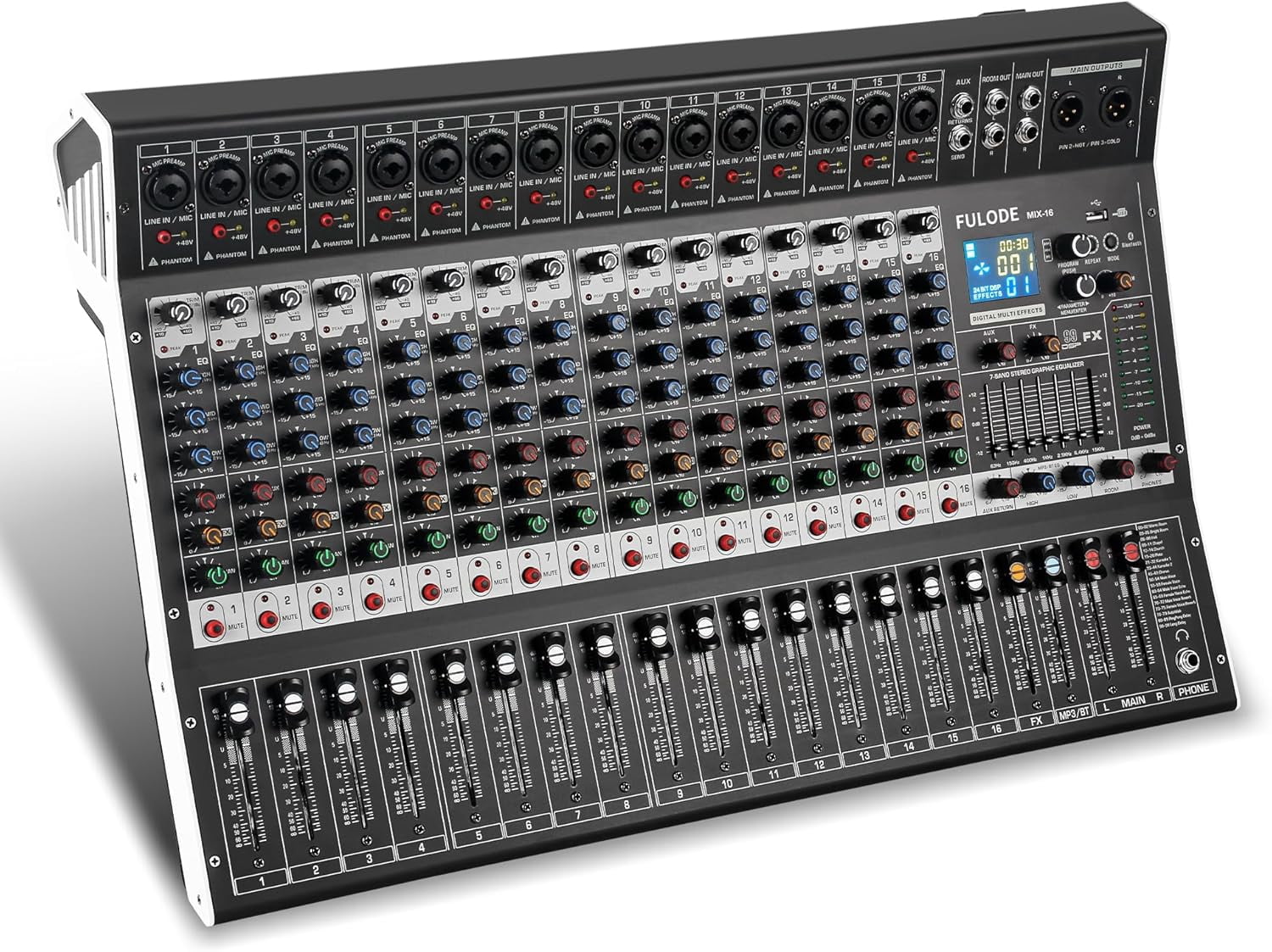 FULODE 16-Channel Audio Mixer with 99 DSP, Professional Audio Console Digital Sound Music Mixing Board DJ Mixer w/USB Input Bluetooth MP3 48V Power Supply Mute Function for Studio Live Performance