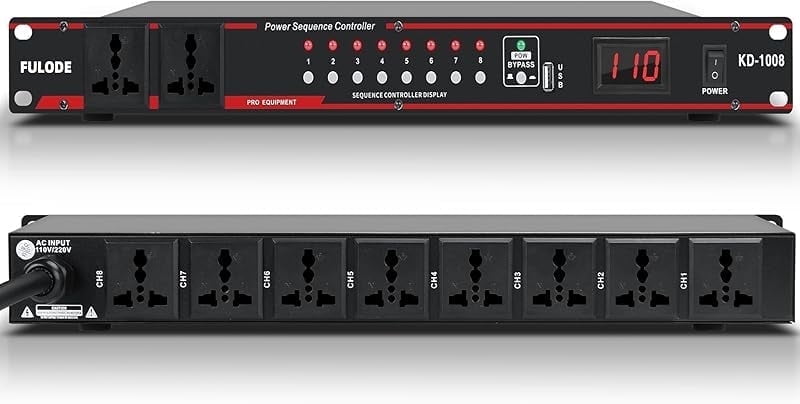 FULODE 2000W 10 Socket Sequential Rack Professional Audio Power Conditioning ，Digital Voltmeter, USB, Surge Protector for Home Theater Stage/Studio (FL-1000).