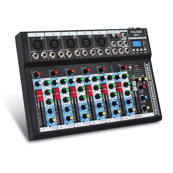 FULODE 7-Channel Audio Mixer USB Bluetooth MP3 Computer Input 48V Phantom Power DJ Controller Audio Mixing Console System