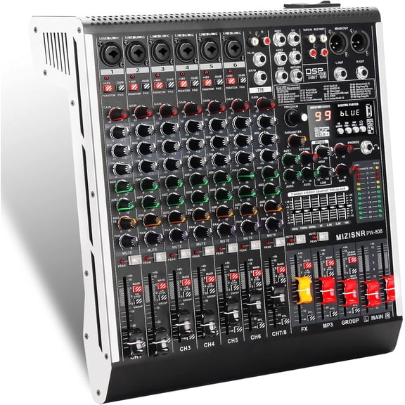FULODE 8 Channel Audio Mixer Professional Sound Mixing Board with 99 DSP Effects, 7-band EQ Digital DJ Mixer Console w/USB Bluetooth MP3 for Recording, Independent 48V Power & Mute Button