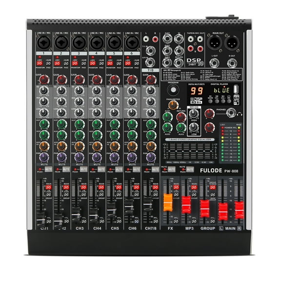 FULODE  8 Channel Audio Mixer Professional Sound Mixing Board with 99 DSP Effects, 7-band EQ Digital DJ Mixer Console w/USB Bluetooth MP3 for Recording, Independent 48V Power & Mute Button