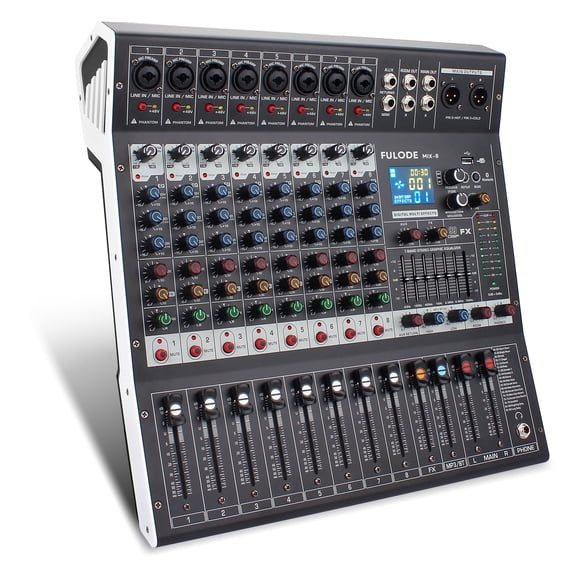 FULODE 8-Channel Professional Audio Mixer Console with USB, Bluetooth, and 48V Power