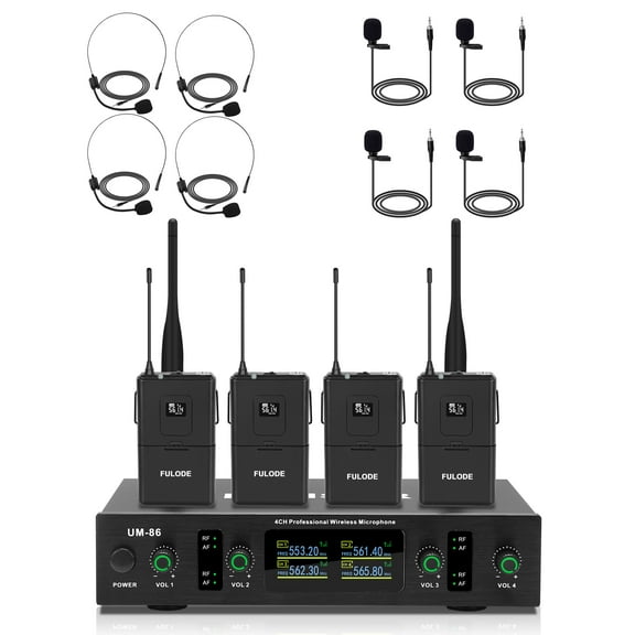 FULODE Wireless Lavalier Microphone System with Headset & Lapel Mics, 4 Channel UHF Cordless Microphone and Metal Receiver Set, 300ft Range for Singing, Church, Karaoke, Preaching, Wedding