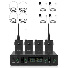 FULODE Wireless Lavalier Microphone System with Headset & Lapel Mics, 4 Channel UHF Cordless Microphone and Metal Receiver Set, 300ft Range for Singing, Church, Karaoke, Preaching, Wedding