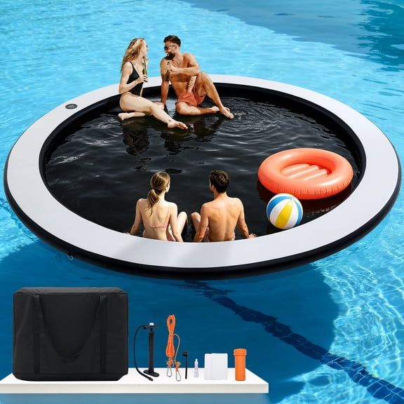 FULUHAOS 8Ft-12Ft Round Inflatable Water Hammock, Floating Dock Heavy Duty Sunchill Float Ring for Adults, Tanning Pool Float Raft for Lake, Oceans, Summer Party