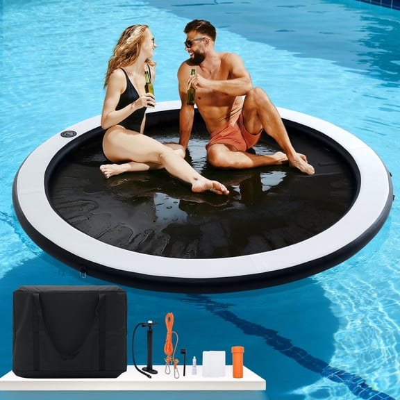 FULUHAOS 8-12FT Round Inflatable Water Hammock, Floating Dock Heavy Duty Sunchill Float Ring for Adults, Tanning Pool Float Raft for Lake, Oceans, Summer Party, 8FT White