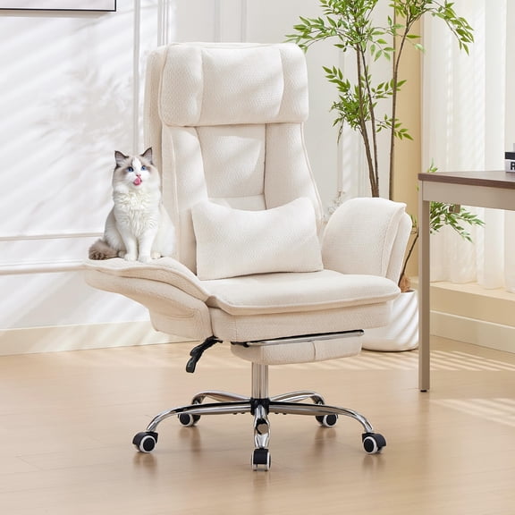 FULUHAOS Big and Tall Criss Cross Office Chair, Flip Armrests & Foot Rest,Executive Desk Computer Chair, Chenille Fabric(Off-White)