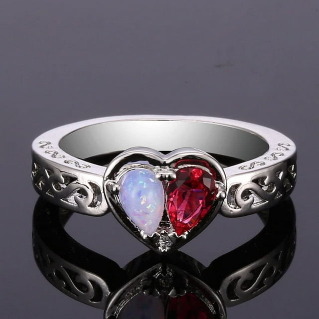 FULenQnu Ruby Double Half Heart Red Fire Opal Rings Women 925 Silver ...