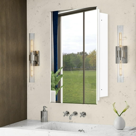 FUMANGO Medicine Cabinet with Mirror 20 x 26 Inch High Gloss White for Bathroom Metal Frame Surface or Recessed Wall Mount Medicine Cabinet with Storage Single Door 
