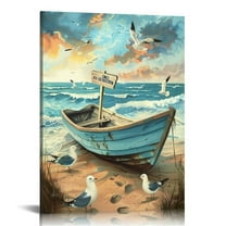 FUMJ Bathroom Wall Art Coastal Décor Nautical Boat on Beach Canvas Picture Ocean Seagull Seascape Canvas Print Sea Bird Farmhouse Artwork for Seashore Bedroom Living Room Blue Teal