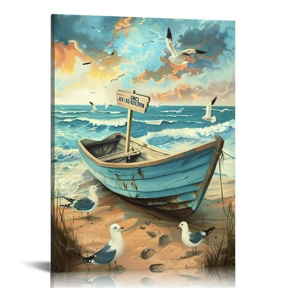 FUMJ Bathroom Wall Art Coastal Décor Nautical Boat on Beach Canvas Picture Ocean Seagull Seascape Canvas Print Sea Bird Farmhouse Artwork for Seashore Bedroom Living Room Blue Teal