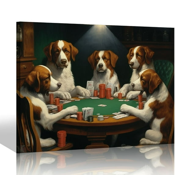 FUMJ Canvas Wall Art - Dogs Playing Poker Series - Poker Game Painting by C.M Coolidge - Giclee Print Gallery Wrap Modern Home Art Ready to Hang - 20x16 inches