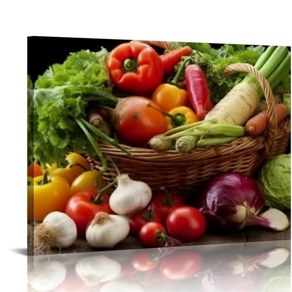 FUMJ Canvas Wall Art for Living Room Bedroom Summer Gardening Harvest Fresh Vegetables Market Basket Big Large Wall Art Decor Framed Painting Wall Pictures Prints Artwork Office 16x12in