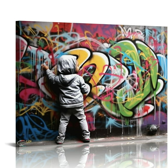 FUMJ Colorful Graffiti Banksy Canvas Wall Art Poster Prints A Kid Boy Behind The Curtain Picture Artwork Abstract Street Graffiti Art Wall Decor Bedroom Living Room Kitchen Office - 20x16in
