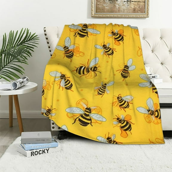FUMJ Cute Bee Throw Blanket Flannel Super Soft Warm Blankets Home Decor All Season for Bedroom Couch Living Room Large