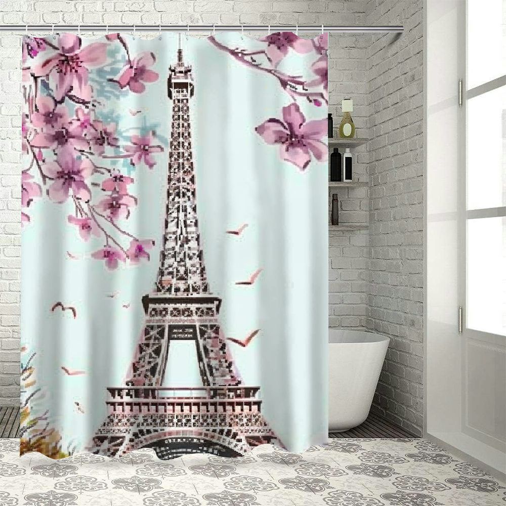 FUMJ Eiffel Tower Flowers Paris Waterproof Shower Curtain Set Home