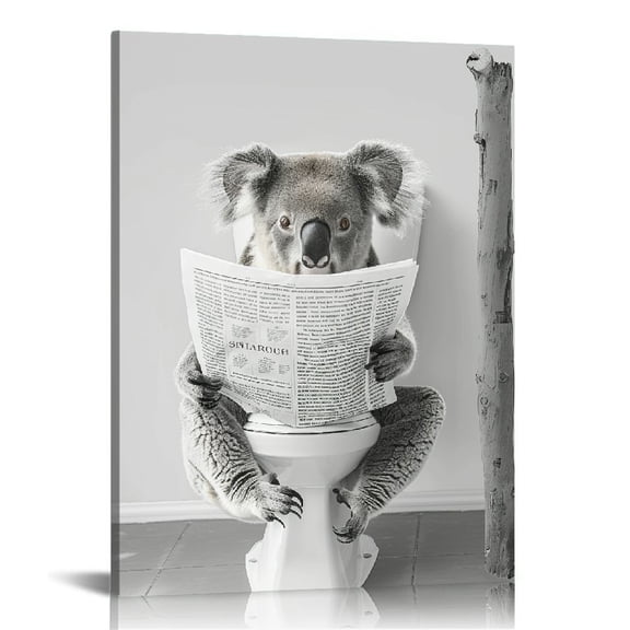 FUMJ Funny Animals Wall Art Cute Koala Reading Newspapers in the Toilet Canvas Prints Posters Modern Bathroom Decor Framed Artwork for Room Bedroom Home Decoration Gifts