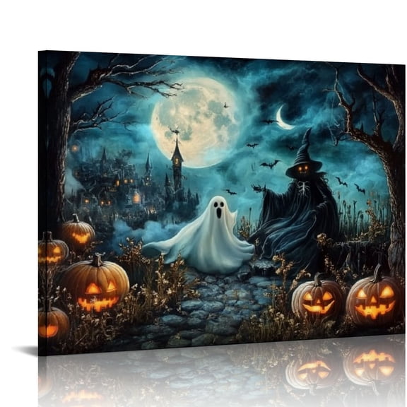 FUMJ Halloween Decorations Wall Art - Witch Full Moon Haunted House Black Forest Tombstone Jack-O-Lanterns Wall Painting - Scary Halloween Pictures Prints on Canvas 20x16in