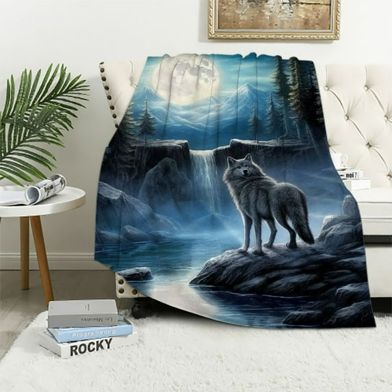 FUMJ  Heavy Howling Wolf Pattern-Plush Thick 8 Pound Mink Soft Blanket for Couch Sofa Bed Multicolor