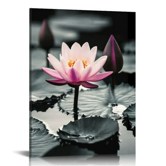 FUMJ  Pink Lotus Flower Wall Art Zen Floral Canvas Prints Water Lily Bloom Picture Meditation Spiritual Room Decor Artwork Frame  12x16 in