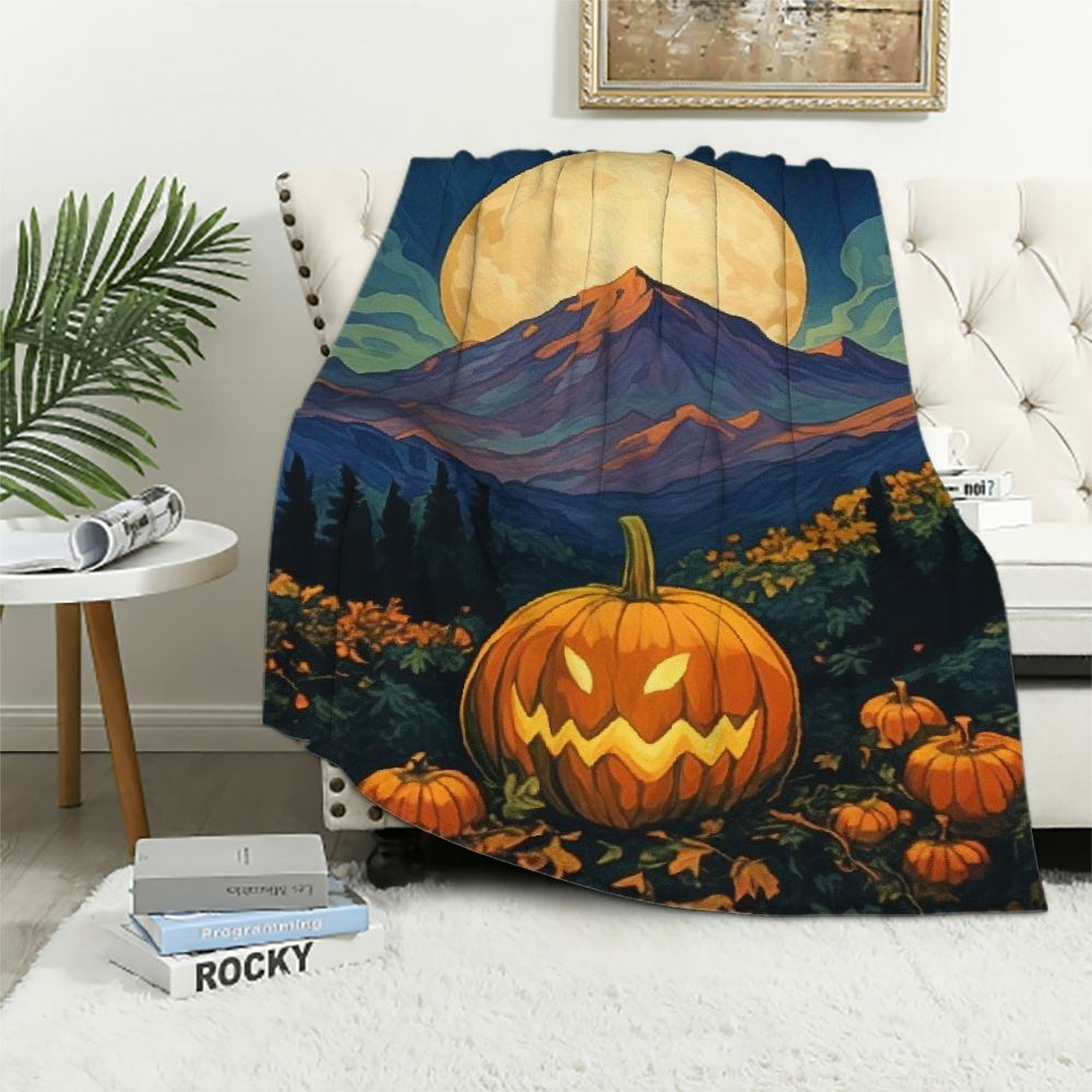 FUMJ Pumpkin Moon Mountain Flannel Blanket for All Seasons AntiPilling Lightweight Soft