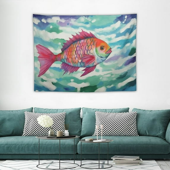 FUMJ Tapestry Blue Design Tropical Watercolor Fish Abstract Painting Nature Colorful Angelfish Animal Aquarium Wall Tapestry Bedspread Picnic Sheet Wall Decor