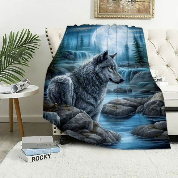FUMJ  Wolf Blanket - Printed Howling Wolf Moon Blanket - Plush Mink Throw for Couches, Sofas, or Beds (Blue)
