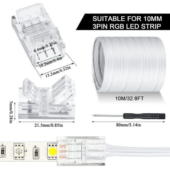 FUN-10 Pcs LED Strip Connectors 32.8ft RGB Extension Cable Wire Cord Kit Transparent Solderless Track Lighting Connector for Waterproof or Non Waterproof LED RGB Strip Light