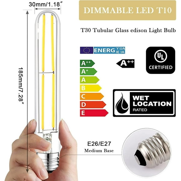 TRHOO-7.3 Inch E26 Led Bulb 60 Watt Dimmable,5000K Daylight Edison Bulbs,6W Tubular T10 Long Clear Glass Light Bulb for Rustic Pendant,Industrial Pipe,Wall Sconces,Chandeliers(2 Pack)