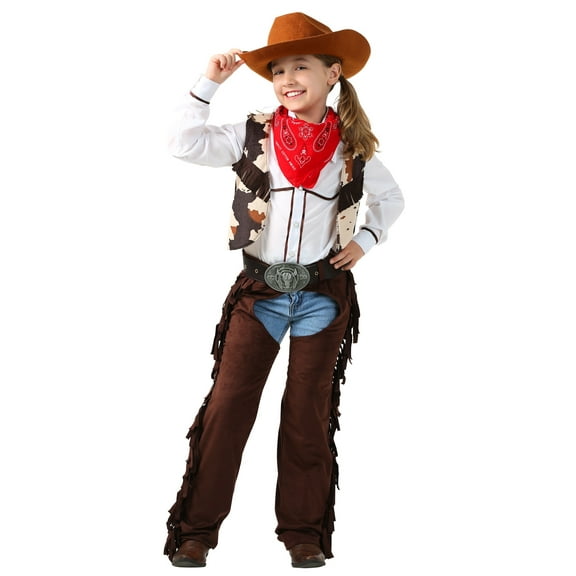 FUN Costumes Cowgirl Chaps Costume for Girls with Cowhide Print Vest and Hat for Ages 4-6, S