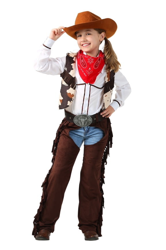 Cowgirl Chaps Costume for Girls with Cowhide Print Vest and Hat for Ages 4-6, S