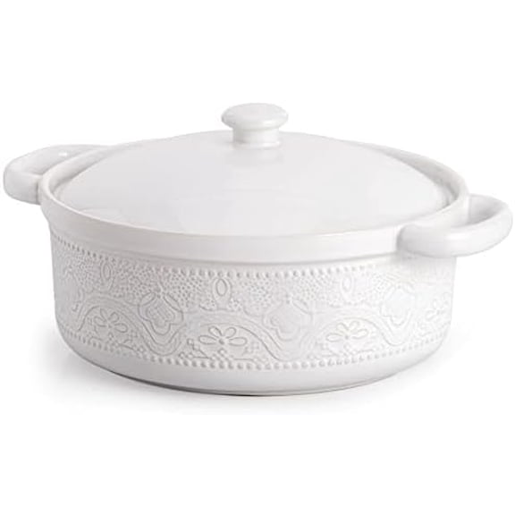 FUN ELEMENTS Casserole Dish, 2 Quart Lace Emboss Dish with Lid, Oven to Table Ceramic Round Serving Handles for Dinner and Party, Thanksgiving Christmas Gifts(Bright White)