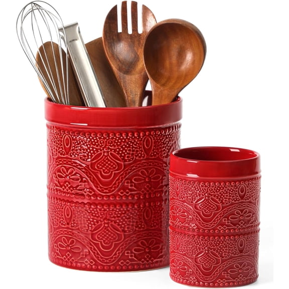 FUN ELEMENTS Kitchen Utensil Holder, 7.2+5.5" Super Large Utensil Crock Heavy and Stable Lace Emboss Ceramic Utensil Holder for Kitchen Counter (2Pcs Christmas Red)
