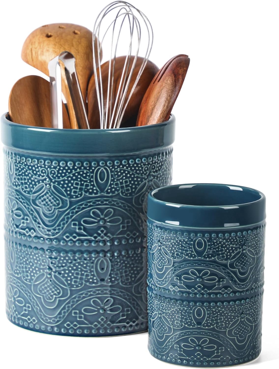 FUN ELEMENTS Kitchen Utensil Holder, 7.2+5.5" Super Large Utensil Crock Heavy and Stable Lace Emboss Ceramic Utensil Holder for Kitchen Counter(2Pcs Grayish Blue)