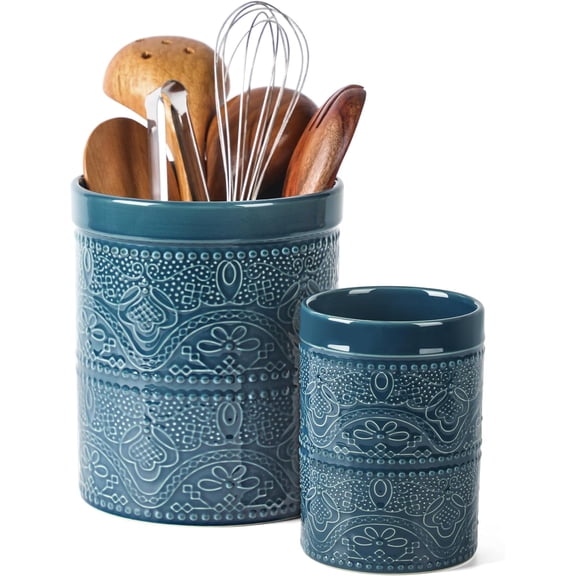 FUN ELEMENTS Kitchen Utensil Holder, 7.2+5.5" Super Large Utensil Crock Heavy and Stable Lace Emboss Ceramic Utensil Holder for Kitchen Counter(2Pcs Grayish Blue)