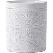 FUN ELEMENTS Kitchen Utensil Holder, 7.2" Super Large Utensil Crock Heavy and Stable Lace Emboss Ceramic Utensil Holder for Kitchen Counter (Bright White)