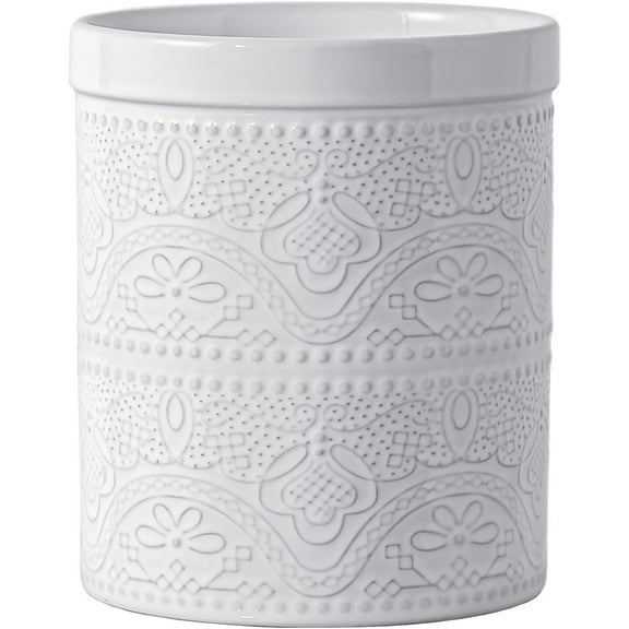 FUN ELEMENTS Kitchen Utensil Holder, 7.2" Super Large Utensil Crock Heavy and Stable Lace Emboss Ceramic Utensil Holder for Kitchen Counter (Bright White)