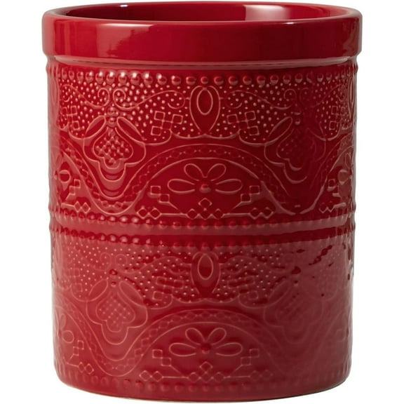 FUN ELEMENTS Kitchen Utensil Holder, 7.2" Super Large Utensil Crock Heavy and Stable Lace Emboss Ceramic Utensil Holder for Kitchen Counter (Christmas Red)