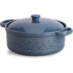 FUN ELEMENTS Lace Emboss Casserole Dish with Lid, 2 Quart Oven to Table Ceramic Round Serving Dish with Handles for Dinner and Party, Thanksgiving Christmas Gifts(Grayish Blue)