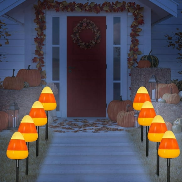 FUN-FUN-Set of 4 Fall and Halloween Candy Corn Lights Plug in C7 Pathway Lights 7 Ft Extendable Outdoor String Lights Garden Walkway Driveway Lawn Stake Decoration