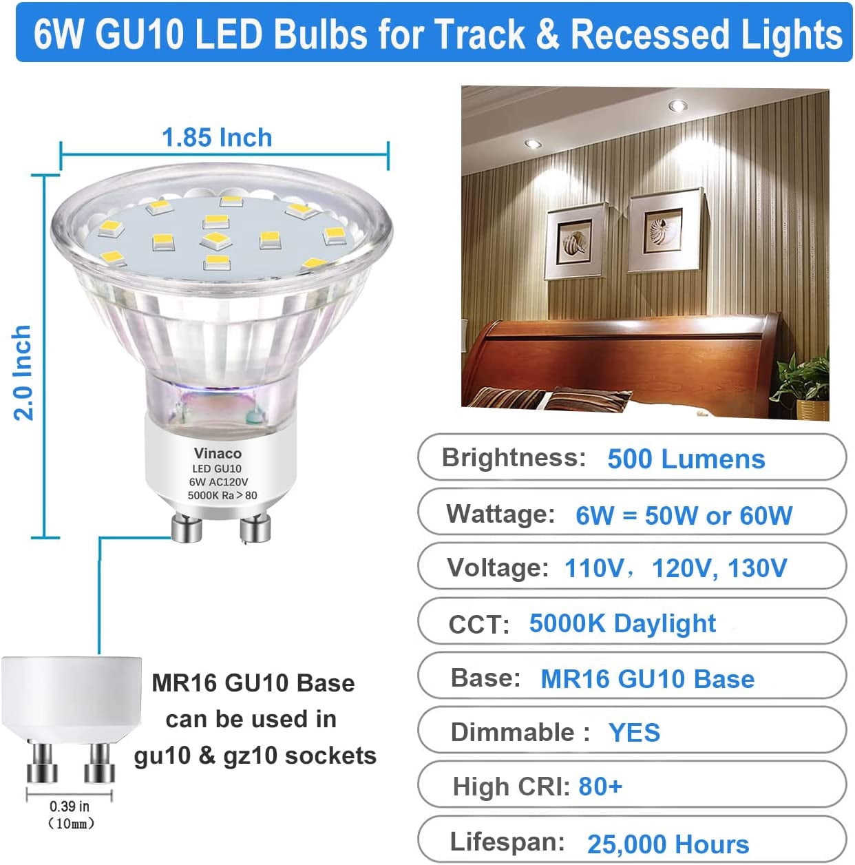 FUN-GU10 LED Bulbs Dimmable, 25000hrs Long Lifespan 50W Equivalent GU10 ...