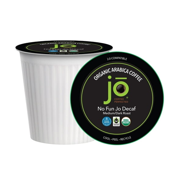 NO FUN JO DECAF: 18 Cups, Organic Medium Dark Roast Swiss Water Process Coffee Pods for Keurig K-Cup Brewers, Fair Trade Certified, Kosher, Chemical & Gluten Free (Sample Box)