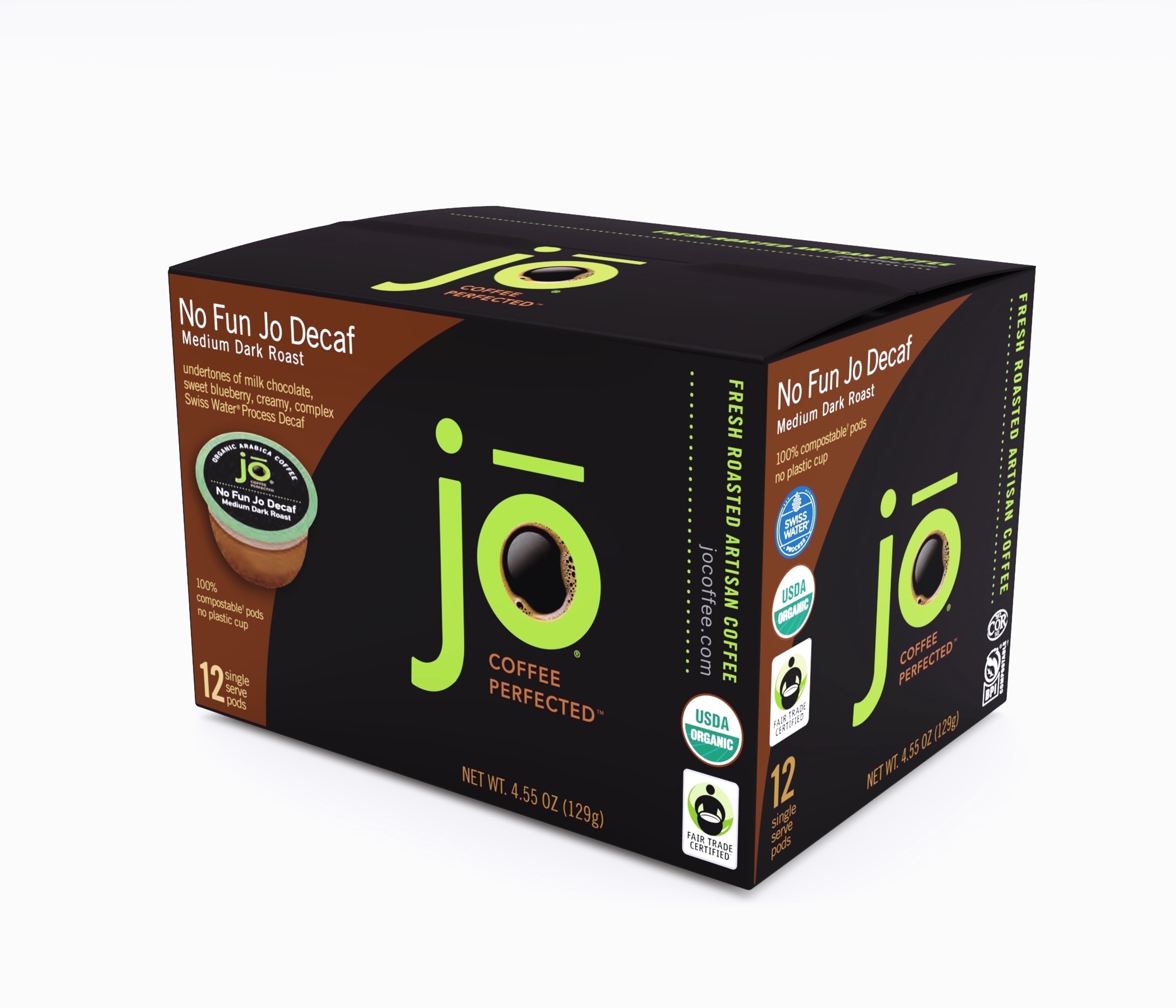 NO FUN JO DECAF: 24 Organic Swiss Water Decaf Compostable Pods for Keurig Compatible Brewers 2-Pack