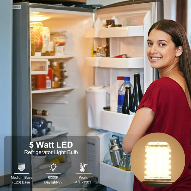 FUN-LED Refrigerator Light Bulb 60W Equivalent, E26 5W LED Appliance 720Lumens 3000K Warmwhite Fridge Light Bulb, E26 Medium Base Fridge Light Bulbs, Non-Dimmable, AC85-265V, 1 Pack