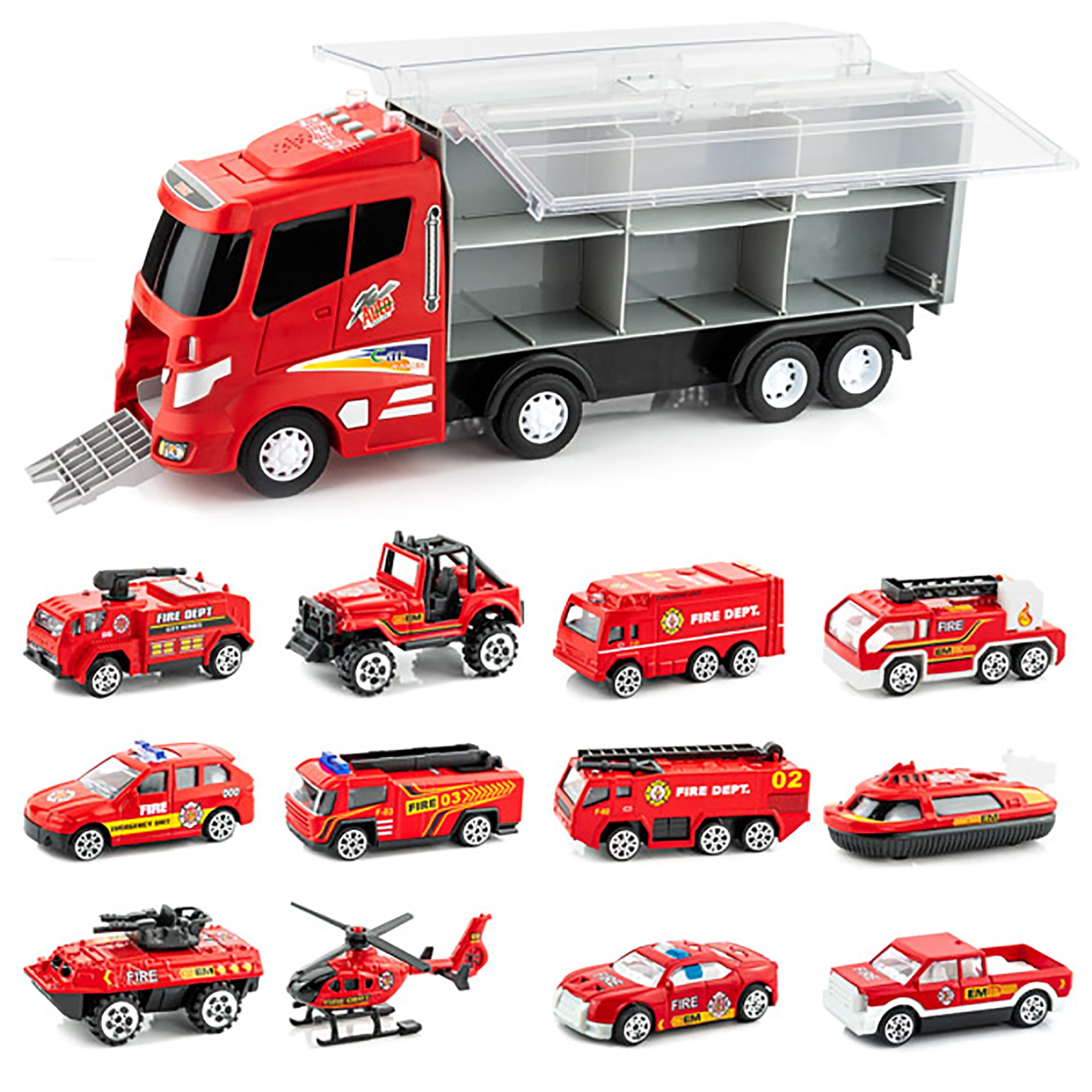 FUN LITTLE TOYS 12in1 Diecast Fire Truck Toys, 16" Transport Fire