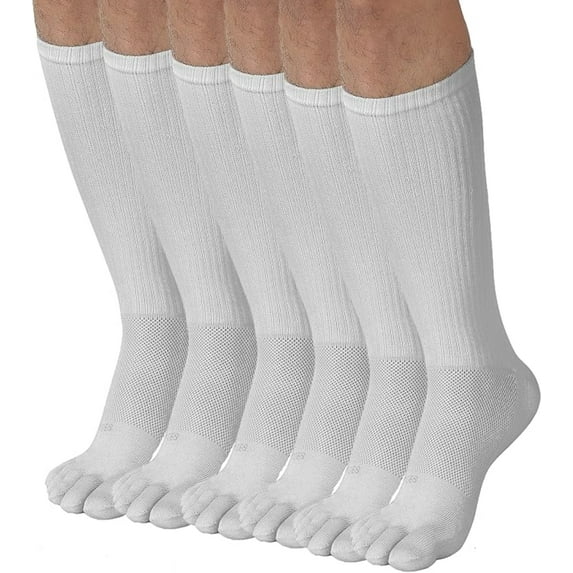 FUN TOES Men's Crew Toe Socks - Athletic Running, Breathable Mesh, Proper Toe Alignment, 6-Pack, Size 6-12